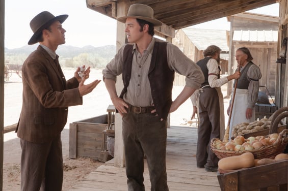 Film Title: A Million Ways to Die in the West (L to R) Edward (GIOVANNI RIBISI) and his best friend, Albert (SETH MACFARLANE), in "A Million Ways to Die in the West", the new comedy from director, producer and co-writer MacFarlane, who plays a formerly cowardly sheep farmer who must put his newfound courage to the test. Photo Credit: Lorey Sebastian Copyright: © 2014 Universal Studios. ALL RIGHTS RESERVED.
