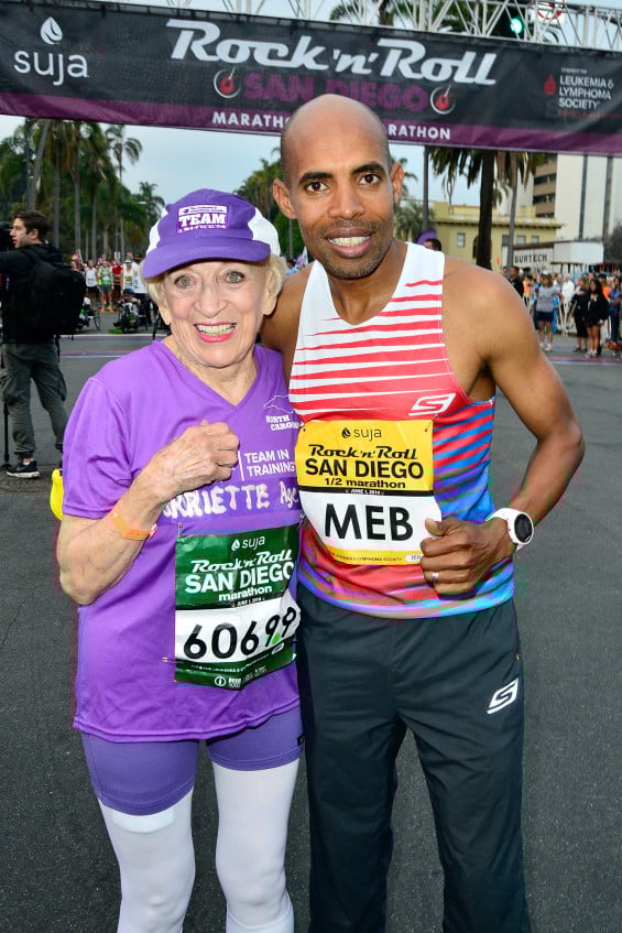 SAN DIEGO, CA - JUNE 01: 91 year old Marathon runner Harriette Thompson and Boston Marathon winner Meb Keflezighi participate in the Suja Rock 'n' Roll San Diego Marathon & Half Marathon benefitting the Leukemia & Lymphoma Society on June 1, 2014 in San Diego, California. Harriette beat the world record for her age group and is the 2nd oldest marathon finisher. (Photo by Jerod Harris/Getty Images for Rock 'n' Roll Marathon Series)