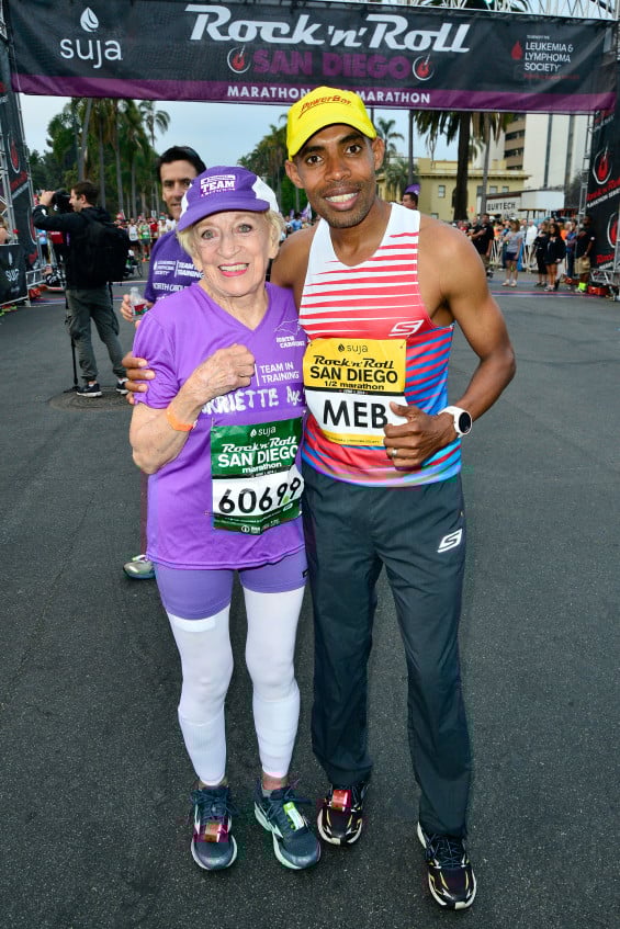 SAN DIEGO, CA - JUNE 01: 91 year old Marathon participant Harriette Thompson and Boston Marathon winner Meb Keflezighi participate in the Suja Rock 'n' Roll San Diego Marathon & Half Marathon benefitting the Leukemia & Lymphoma Society on June 1, 2014 in San Diego, California. Harriette beat the world record for her age group and is the 2nd oldest marathon finisher. (Photo by Jerod Harris/Getty Images for Rock 'n' Roll Marathon Series)