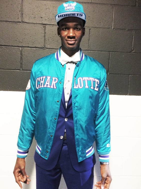 Noah Vonleh wears a STARTER jacket to celebrate being drafted to the Charlotte Hornets. Photo courtesy of Starter
