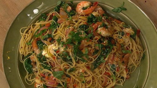 Learn how to make "The Chew" chef Mario Batali's delicious shrimp and spinach spaghetti with cream cheese tomato sauce!