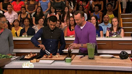 "Dallas" star Jesse Metcalfe and Clinton Kelly working hard preparing their green tomato gazpacho with grilled lobster on "The Chew"!