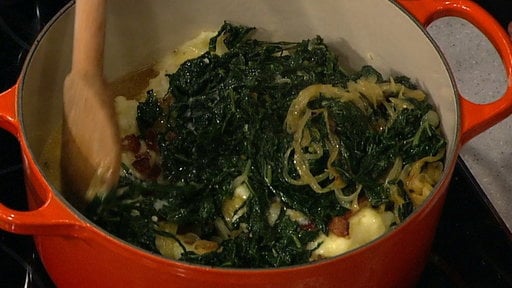 Chef Mario Batali helps Jonathan Jernigan prepare his mashed potatoes with collared greens and bacon on the Thursday, November 6th episode of "The Chew"!