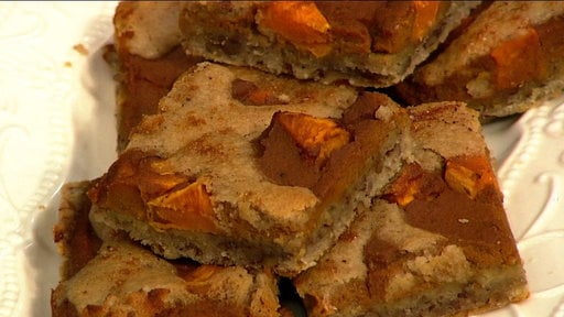 Closeup of "The Chew" chef Carla Hall's delicious Thanksgiving sweet potato pie bars dessert!