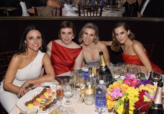 BEVERLY HILLS, CA - JANUARY 11: 72nd ANNUAL GOLDEN GLOBE AWARDS -- Pictured: (l-r) Actress Julia Louis-Dreyfus, writer/actress Lena Dunham, actress Zosia Mamet, and actress Allison Williams at the 72nd Annual Golden Globe Awards held at the Beverly Hilton Hotel on January 11, 2015. (Photo by Larry Busacca/NBC/NBC via Getty Images)