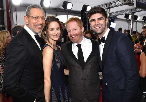 LOS ANGELES, CA - JANUARY 25: (L-R) Actor Jeff Goldblum, dancer Emilie Livingston, actor Jesse Tyler Ferguson and Justin Mikita attend TNT's 21st Annual Screen Actors Guild Awards at The Shrine Auditorium on January 25, 2015 in Los Angeles, California. 25184_014 (Photo by Dimitrios Kambouris/WireImage) *** Local Caption *** Jeff Goldblum;Emilie Livingston;Jesse Tyler Ferguson;Justin Mikita