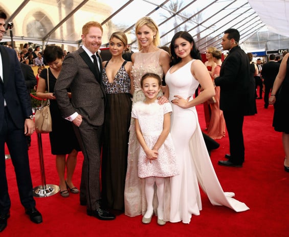 LOS ANGELES, CA - JANUARY 25: (L-R) Modern Family! Actors Jesse Tyler Ferguson, Sarah Hyland, Julie Bowen, Aubrey Anderson-Emmons and Ariel Winter attend TNT's 21st Annual Screen Actors Guild Awards at The Shrine Auditorium on January 25, 2015 in Los Angeles, California. 25184_020 (Photo by Rich Polk/WireImage)