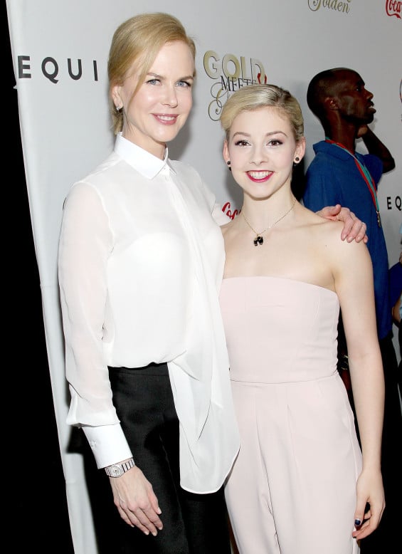 LOS ANGELES, CA - FEBRUARY 21: Actress Nicole Kidman (R) and Olympic Figure Skater Gracie Gold attend CW3PR presents Gold Meets Golden at Equinox Sports Club on February 21, 2015 in Los Angeles, California. (Photo by Rachel Murray/Getty Images for CW3PR Gold Meets Golden)