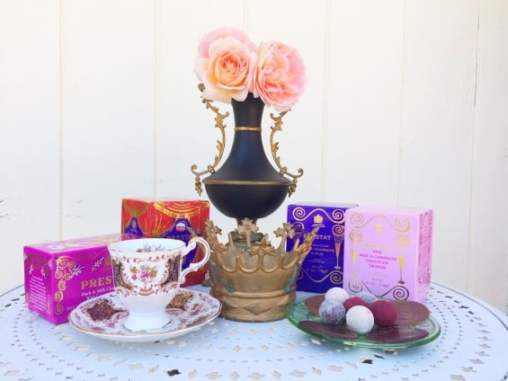 I love the Prestat Pink Champagne Truffles, Prestat Dark & Milk Sea Salt Caramel Thins, Prestat Milk Chocolate Champagne Truffles, and Prestat Red Velvet Truffles I was gifted as a review. I paired them with one of my favorite English tea cups, my beloved gold crown, and vintage ormolu vase adorned with RoseCandi English roses!