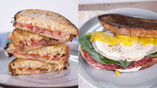 Learn how to make the delicious grilled cheese Espanol and late night salami sandwich that chef Mario Batali and chef Michael Symon made on "The Chew" on Thursday, May 6, 2015.