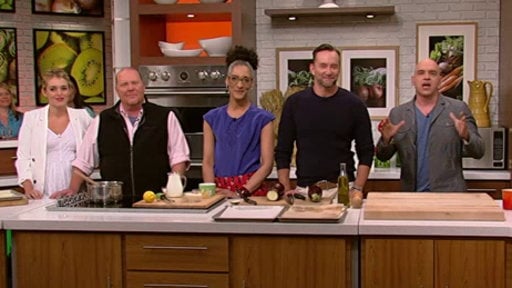 Chef Michael Symon shows chef Mario Batali, Daphne Oz, chef Carla Hall and Clinton Kelly how to make his Greek vegetable moussaka on "The Chew" just in time for Meatless Monday.