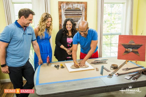 Ken Wingard shows us how to make a beautiful rustic DIY recycled belts wall art on the Hallmark Home & Family show. Photo Credit: Copyright 2016 Crown Media Family Networks/Photographer: Jeremy Lee Mark Steines and Debbie Matenopoulos welcome actress Rachel York from “Grey Gardens: The Musical.” Olympic Gold medal-winning soccer player, Brandi Chastain visits our home. Pastry chef Rose Lawrence is making a delicious chocolate transparent pie. The co-host of Fox’s "So-Me TV," Nancy Redd, joins us to discuss body image. Lisa Hennessy, one of the founders of DreamJobbing, helps us kick off our “America’s Best Home Cook” contest. Learn how to turn leather belts into DIY wall art with Ken Wingard. Paige Hemmis is making DIY cat-inspired sleeping masks. Dan Kohler is breaking down the science of microwaves. Kristin Smith is here with DIY pool noodle summer games for children. Credit: Copyright 2016 Crown Media United States, LLC/Photographer: jeremy lee/Alexx Henry Studios, LLC