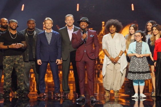 America's Got Talent host Nick Cannon poses with the season 11 contestants for the first round of judge cuts. This episode originally aired on Tuesday, July 12, 2016.