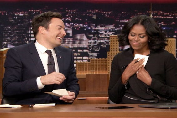 Watch video of our beautiful First Lady, Michelle Obama and Tonight show host Jimmy Fallon writing thank you notes on Wednesday, January 11, 2017.