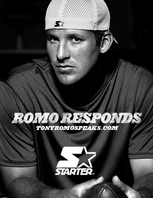 Tony Romo's new ad campaign "Romo Responds" TonyRomoSpeaks.com. Image courtesy of Starter