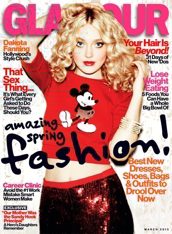 GLAMOUR - March Cover Dakota Fanning Dakota Fanning is fashion forward in a Marc Jacobs top, Jonathan Saunders skirt and Chanel bracelets on the March cover of Glamour magazine. Photo credit: Ellen von Unwerth. Image courtesy of Glamour