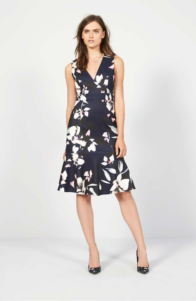 VINCE CAMUTO Stretch Fit & Flare Dress Blue Multi floral print bridal shower dresses baby shower