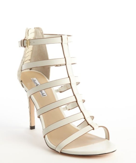 Wedding guest bluefly Charles by Charles David : white croc embossed leather caged 'Idealize' heel sandals : style # 328235102 CHARLES BY CHARLES DAVID White Croc Embossed Leather Caged 'Idealize' Heel Sandals in white or white and black