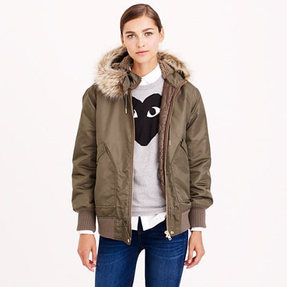J.Crew NYLON HOODED BOMBER item b2382 in fatigue with faux fur