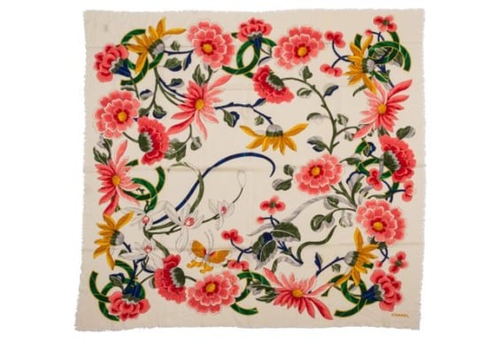 VINTAGE Chanel Oversize Silk Wool Floral Print Scarf