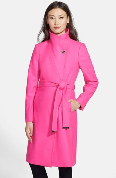Ted Baker London 'Nevia' Stand Collar Belted Wrap Coat in Mid Pink
