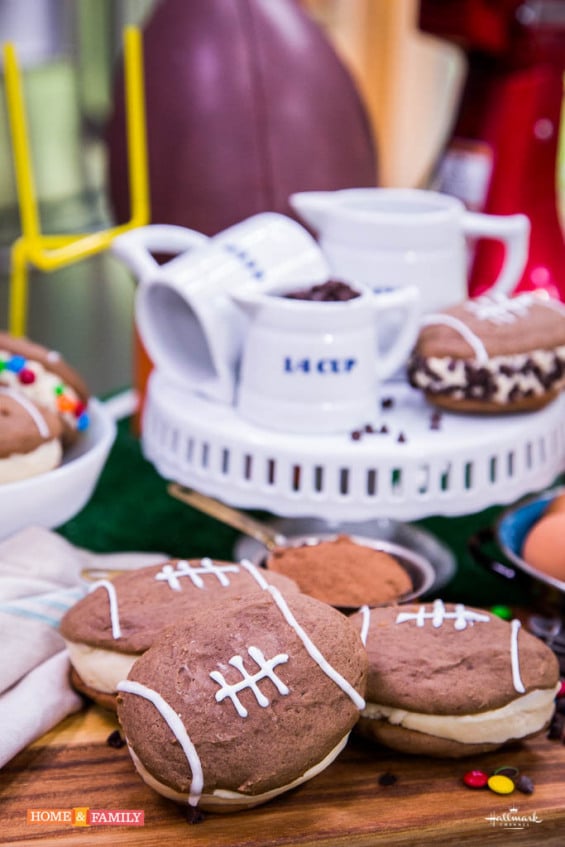How adorable are these football shaped whoopie pies?! Cristina Ferrare and Mark Steines make football themed whoopie pies on Home & Family. H&F Photo Credit: Copyright 2014 Crown Media Family Networks/Photographer: Jeremy Lee