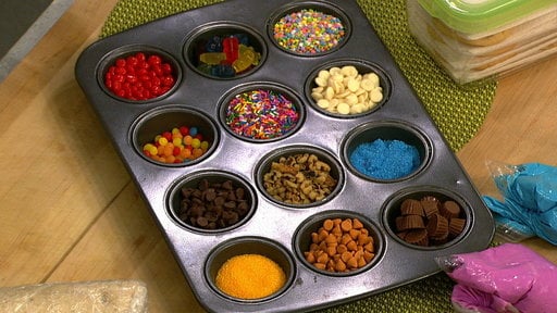 When baking with your kids be sure to fill a muffin tin with their favorite toppings!