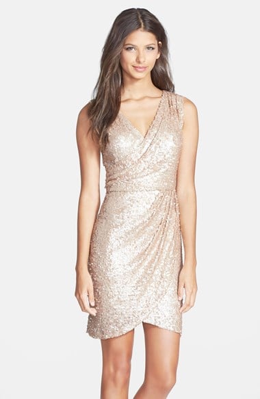 Hailey by Adrianna Papell Sequin Faux Wrap Dress in Nude