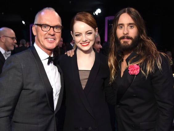 LOS ANGELES, CA - JANUARY 25: (L-R) Actors Michael Keaton, Emma Stone and Jared Leto pose backstage at TNT's 21st Annual Screen Actors Guild Awards at The Shrine Auditorium on January 25, 2015 in Los Angeles, California. 25184_014 (Photo by Dimitrios Kambouris/WireImage) *** Local Caption *** Michael Keaton;Emma Stone;Jared Leto