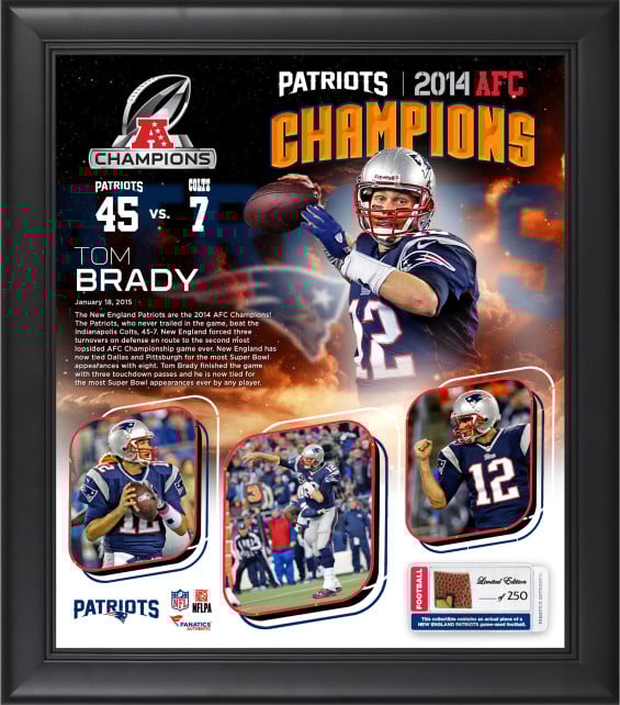 n Of 250 Tom Brady New England Patriots 2014 AFC Champions Framed 15" x 17" Collage with Piece of Game-Used Football – Limited Edition of 250 Roll Over Image to Zoom Commemorate Tom Brady and the New England Patriots as the 2014 AFC Champions with this framed collectible. Each piece comes designed with a collage of images, a team logo, and a piece of game-used football, all framed in black wood. It measures 15'' x 17'' x 1'' and is ready to hang in any home or office. The product comes with a statement of authenticity and is officially licensed by the National Football League. This collectible is a limited edition of 250. Please not that these are not individually-numbered collectibles. ... see more Need help understanding this product? Tom Brady New England Patriots 2014 AFC Champions Framed 15" X 17" Collage With Piece Of Game-Used Football – Limited Edition Of 250