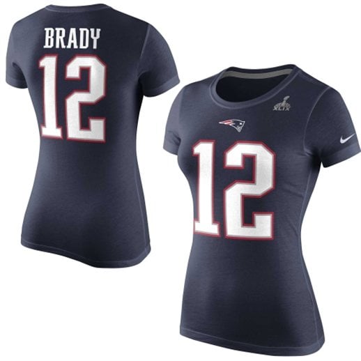 Nike Tom Brady New England Patriots Women's Navy Blue Super Bowl XLIX Player Pride Name and Number T-Shirt