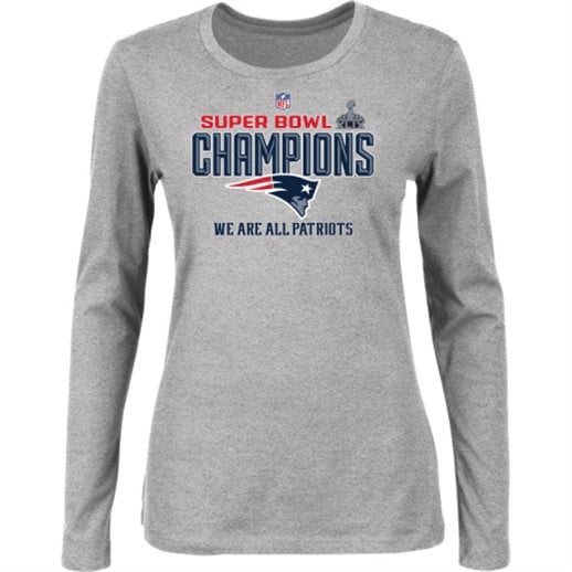 Majestic New England Patriots We Are All Patriots Women's Gray Super Bowl XLIX Champions Trophy Collection Locker Room Long Sleeve T-Shirt