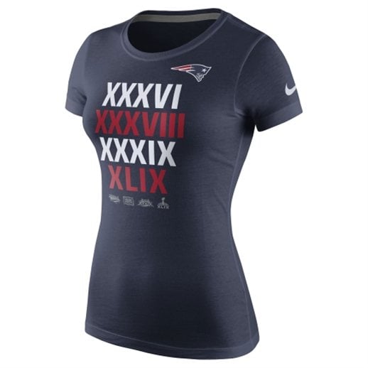 Nike New England Patriots Women's Navy Blue Super Bowl XXXVI XXXVIII XXXIX XLIX Champions Multi Champs T-Shirt