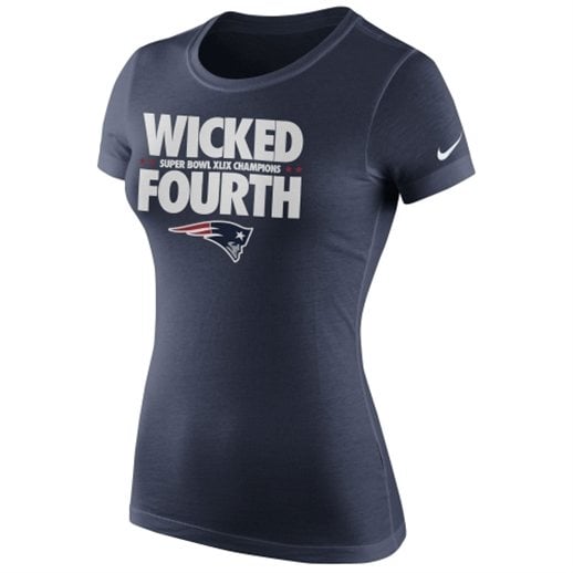 Zoom Image This is a special event item. Orders containing this item will be shipped separately. This item will be shipped no later than Tuesday, February 17th. Order as many items as you like with our $4.99 flat rate shipping. Need it faster? Nike New England Patriots Women's Navy Blue Wicked Fourth Super Bowl XLIX Champions Celebration Multi Champ Slogan T-Shirt