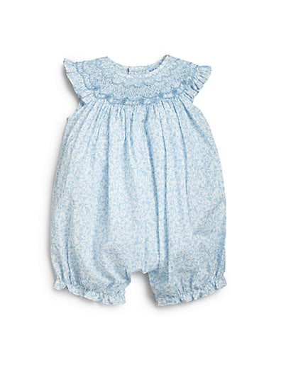 Luli and Me Infant's Floral-Printed & Smocked Bubble Shortall in Blue