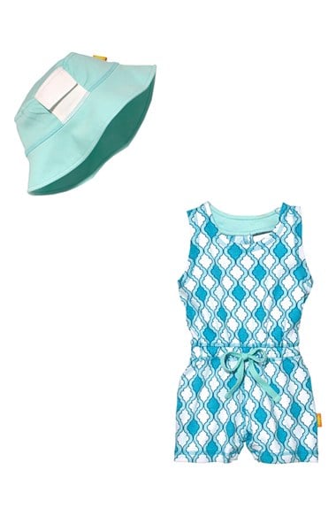 MASALABABY 'Racer' Tile Print Romper & Hat (Baby Girls) in Turquoise (3 - 6 months, 6 - 12 months, 12 - 18 months, 18 months - 24 months) Nordstrom