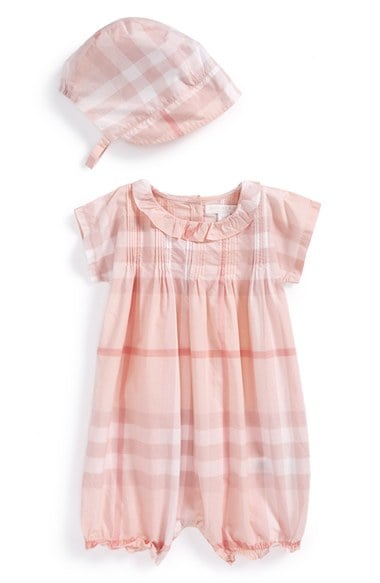 Burberry 'Ciera' Check Print Romper & Bonnet (Baby Girls)