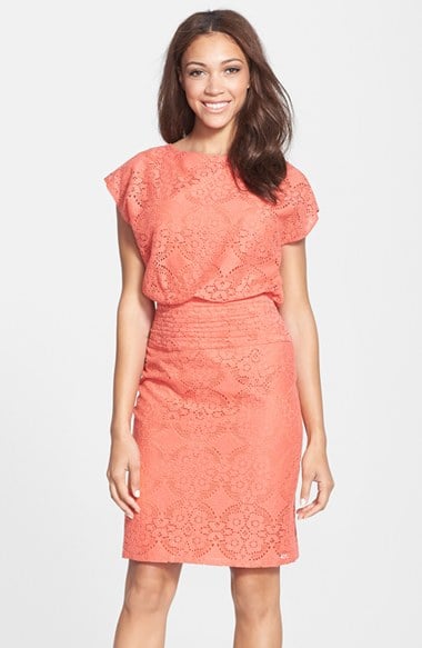 Adrianna Papell Medallion Pattern Lace Blouson Dress in Tangerine