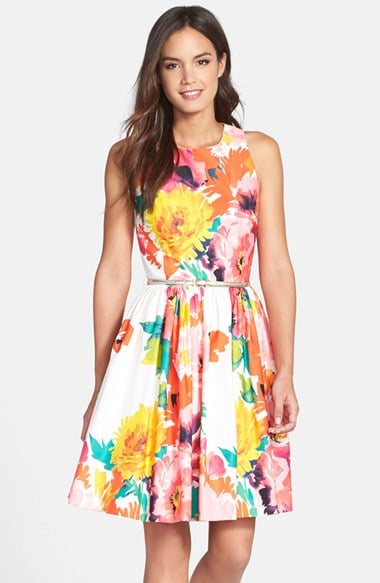 Eliza J Belted Print Faille Fit & Flare Dress (Regular & Petite)