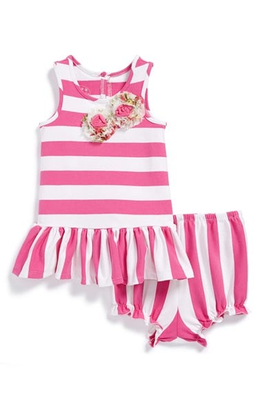 Pippa & Julie Stripe Sleeveless Dress with a Ruffled Flower & Bloomers (Baby Girls) in Fuchsia