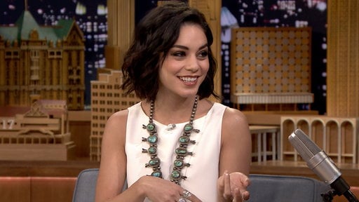 Actress and Broadway star Vanessa Hudgens looked fab in a white top, wavy bob and vintage turquoise squash blossom necklace while chatting with Jimmy Fallon about her roles in "Hunchback of Notre Dame" and "Gigi"