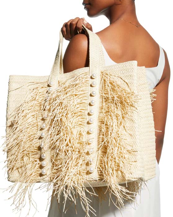 BTB LOS ANGELES JoJo Straw Pearl-Stud Fringe Tote Bag best summer fringe bags