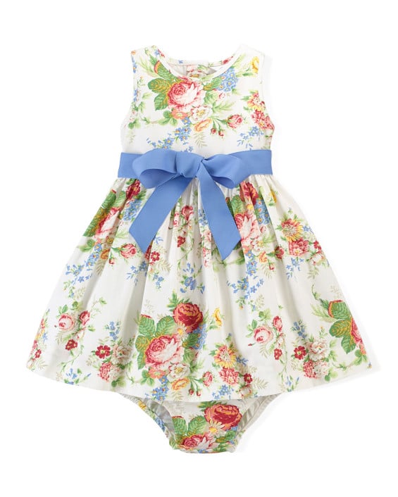 Ralph Lauren Childrenswear Sleeveless Floral Oxford Dress & Bloomers, White/Multicolor, Size 6-24 Months