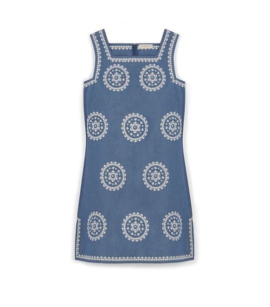 Tory Burch EMBROIDERED CHAMBRAY DRESS in Indigo Chambray/Ivory