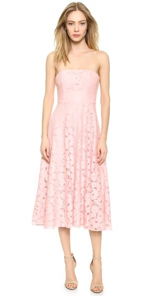 BB Dakota Alva Strapless Lace Midi Dress in Powder Puff