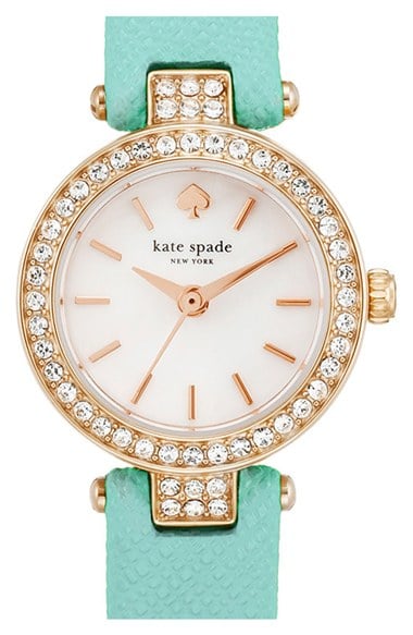 kate spade new york 'tiny metro' crystal bezel leather strap watch, 20mm in Turquoise