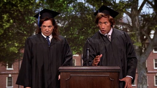 Jimmy Fallon and Dwayne Johnson (Bobby Risdick and Logan Duffy) give their 1989 high school graduation speech on the Thursday, May 21, 2015 episode of "The Tonight Show Starring Jimmy Fallon".
