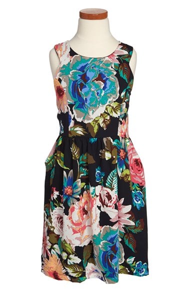 Kiddo Floral Print Skater Dress (Big Girls) in Black
