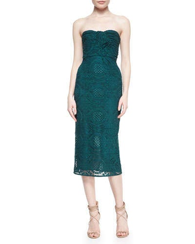 Burberry London Twist-Front Strapless Lace Dress in Teal Green