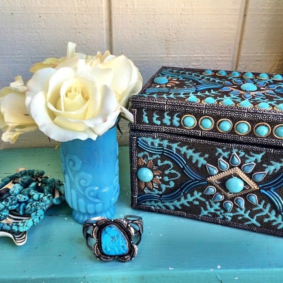 My beautiful Pottery Barn Turquoise Jewelry Box (roses from my flower farm, vintage turquoise cuff, Jonathan Adler zebra dish, handmade double strand turquoise necklace). Instagram.com/StyleCandi